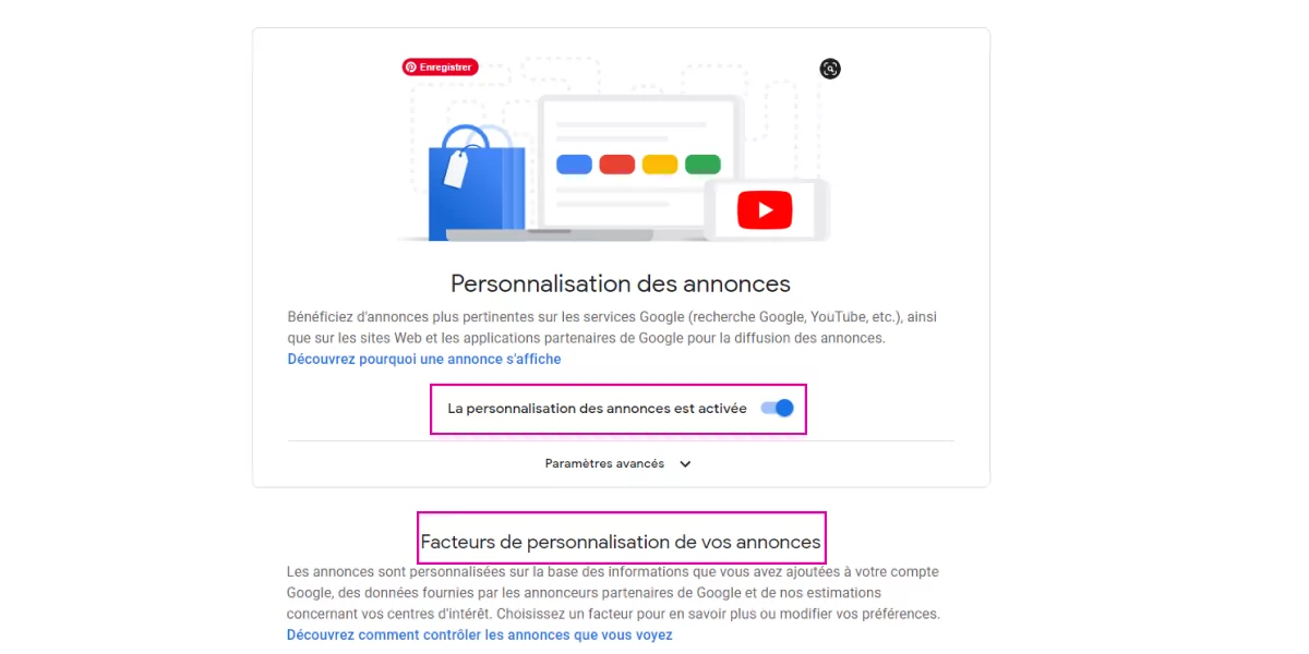 La personnalisation des annonces est activée